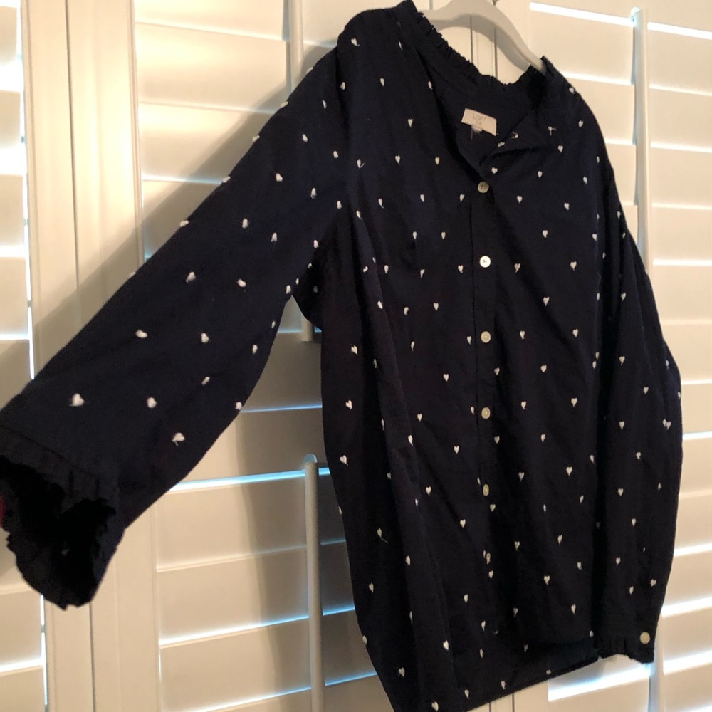 LOFT Plus Heart Embroidered Ruffle Trim long sleeve navy blue shirt size 16 Plus